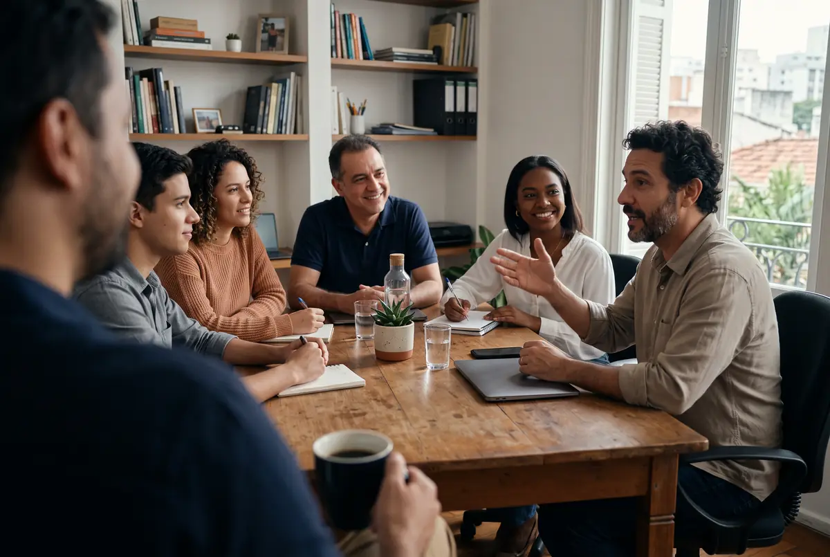 Equipe de uma pequena empresa reunida em volta de uma mesa de escritório